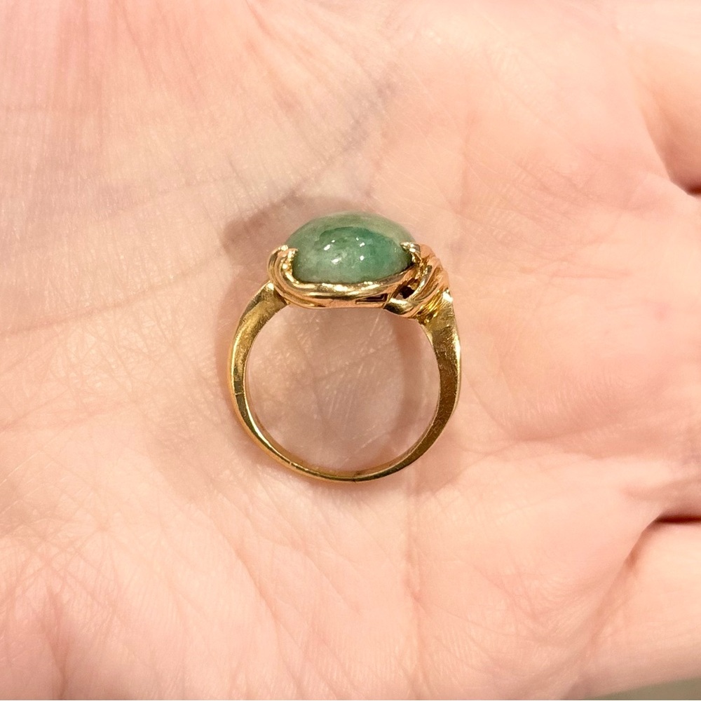 14K Large Aventurine Jade natural sparkling medium green vintage solid gold ring - Picture 9 of 11